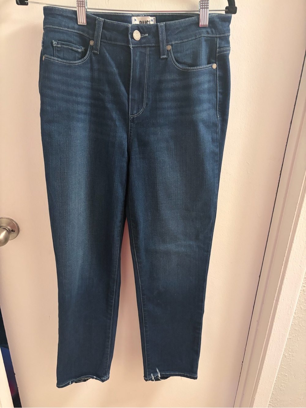 PAIGE Dark Wash High Rise Straight Leg Jeans Raw Chew Hem 29
